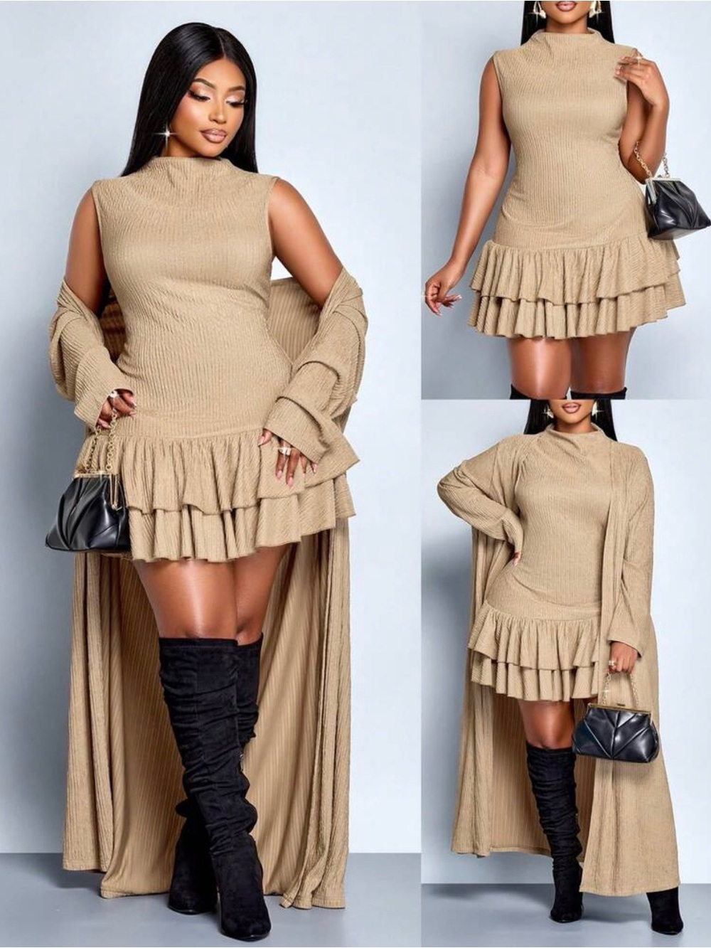 New Arrivals! Plus Size 2pc Sleeveless Ruffled Knit Mini Dress in Tan